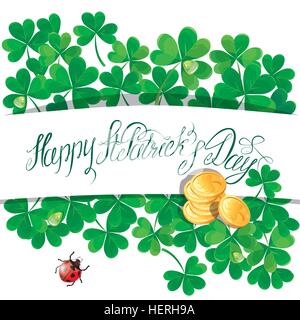 Holiday card with calligraphic words Happy St. Patrick`s Day. Shamrock, ladybird and golden coin on white background. Stock Vector